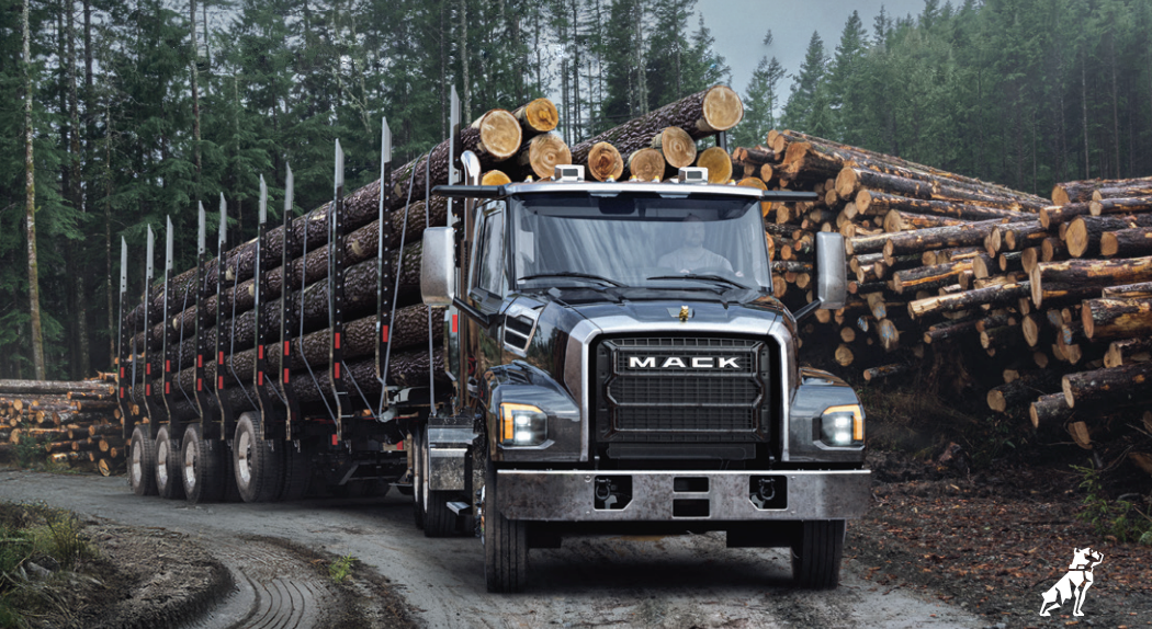 Mack Keystone truck hauling logs in the mountains
