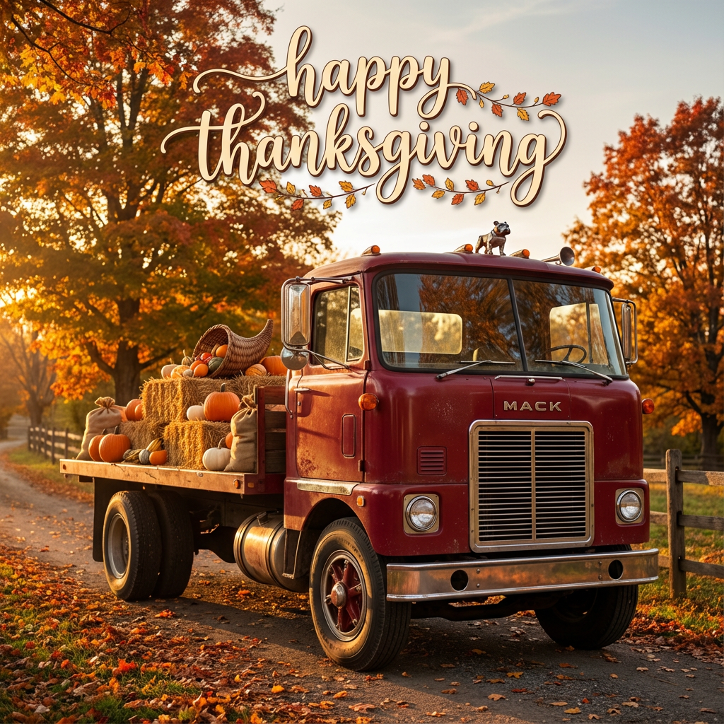 Happy thanksgiving above a vintage Mack truck in a fall scene with colorful leaves
